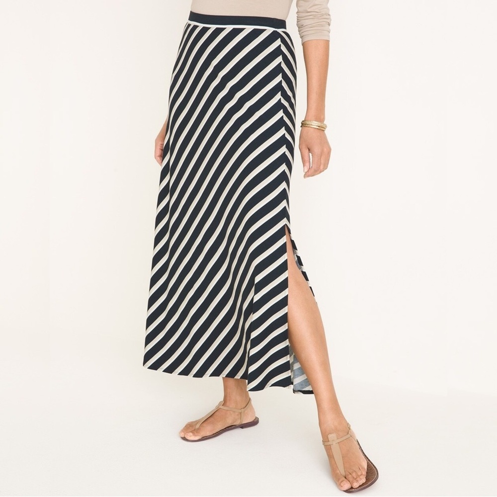NWT Chico’s Black, Tan & White Striped Pull-On Stretch Side-Slit Maxi Skirt